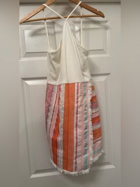 Hutch Striped Fringe Halter Strap Midi Dress in Cream, Orange & Pink Size 0